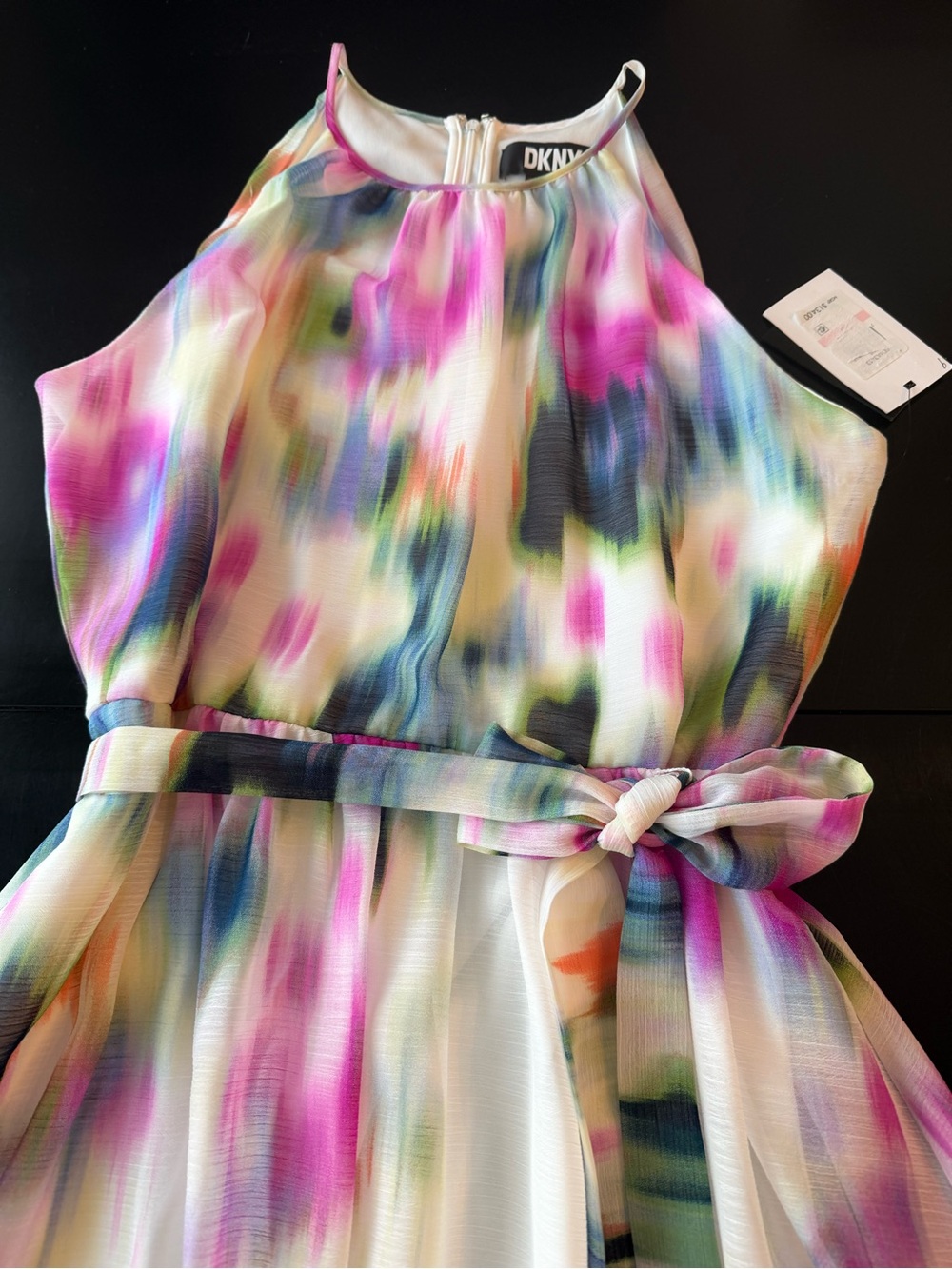 DKNY Sleeveless Printed Halter Neck Tie Waist Chiffon Midi Dress Size 10, NWT